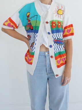 Vintage P Galli White Fishing Lake Cabin Scenic Fish Button Sailor Cardigan L